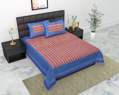 Navkar Creation 104 TC Cotton Double Jaipuri Prints Flat Bedsheet(Pack of 1, Blue)