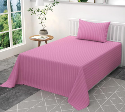 WUSA Satin Single Flat 210 TC Striped Bedsheet(Pack of 1, Pink)