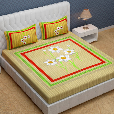 Cosito 144 TC Cotton Double Jaipuri Prints Flat Bedsheet(Pack of 1, Mehndi)