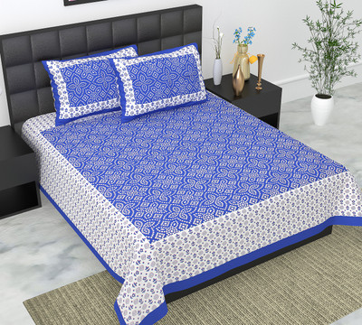 Navkar Creation 104 TC Cotton Double Jaipuri Prints Flat Bedsheet(Pack of 1, Blue)