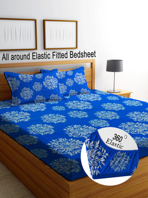 Bedress Cotton King Fitted (Elastic) 300 TC Striped Bedsheet(Pack of 1, Blue,New_Floral)