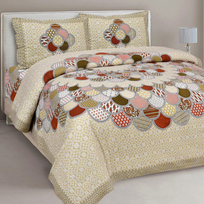 BharatLinen Cotton King Flat 260 TC Jaipuri Prints Bedsheet(Pack of 1, Yellow)