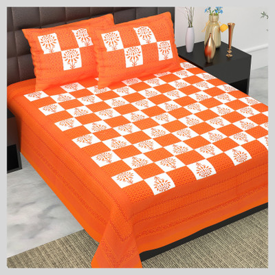 JAIPUR PRINTS 160 TC Cotton Double Jaipuri Prints Flat Bedsheet(Pack of 1, Orange)