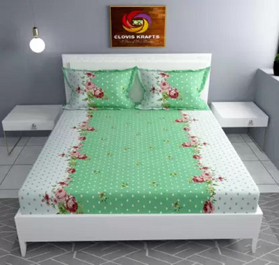 TURIYA Microfiber Double Fitted (Elastic) 180 TC Printed Bedsheet(Pack of 1, Green)