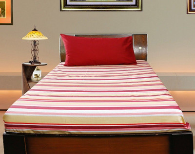 Dekor World Cotton Single Flat 180 TC Striped Bedsheet(Pack of 1, Maroon)
