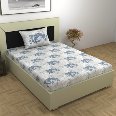 Divine Casa Cotton Single Flat 144 TC Floral Bedsheet(Pack of 1, Steel Blue)