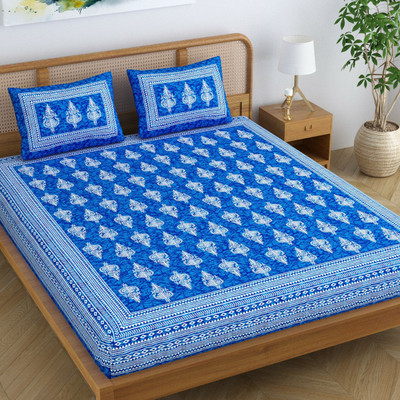 SheetKart Cotton Double Flat 144 TC Floral Bedsheet(Pack of 1, Blue)