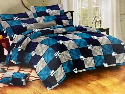 Comfort Shoppy 250 TC Cotton King, Super King Abstract Flat Bedsheet(Pack of 1, Blue & Grey color base, White Square Designer, King Size (9ft X 10ft))