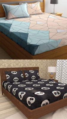 VORDVIGO 220 TC Cotton Queen Abstract Fitted (Elastic) Bedsheet(Pack of 2, Multicolor)