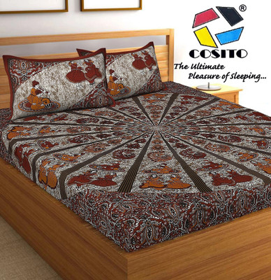 Cosito 144 TC Cotton Double Jaipuri Prints Flat Bedsheet(Pack of 1, orange_yellow)
