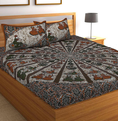 BHermosa Cotton Double Flat 144 TC Jaipuri Prints Bedsheet(Pack of 1, Brown)