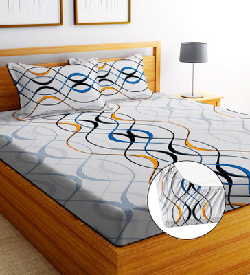 Moonroof 244 TC Cotton Double Printed Fitted (Elastic) Bedsheet(Pack of 1, WHITE CHALLA)