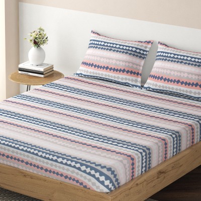HOKiPO 220 TC Microfiber Single Striped Fitted (Elastic) Bedsheet(Pack of 1, Seamless Spiral Stripes Aegean Blue)