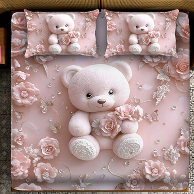 Woolpik Cotton Queen Flat 300 TC 3D Printed Bedsheet(Pack of 1, Multicolor(Teddy))