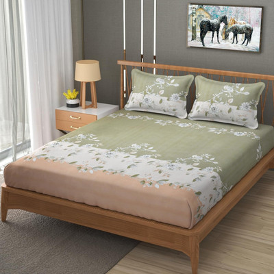 TINDLER KNOTS Cotton Double, Queen Flat 300 TC Printed Bedsheet(Pack of 1, GREEN ORANGE DUSTY)