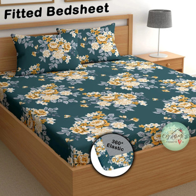 CG Homes 180 TC Cotton Double Printed Fitted (Elastic) Bedsheet(Pack of 1, Greyish Blue)