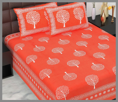 JAIPUR PRINTS Cotton Double Flat 144 TC Jaipuri Prints Bedsheet(Pack of 1, Orange)