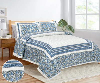SPSON'S HANDLOOM Cotton King Flat 220 TC Printed Bedsheet(Pack of 1, blue ,white)