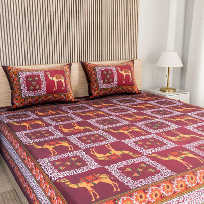 SARVOCH Cotton Queen Flat 144 TC Jaipuri Prints Bedsheet(Pack of 1, Maroon, Green, Brown, Black, Orange)