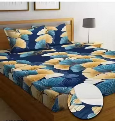 FINBIN Cotton Queen Fitted (Elastic) 210 TC Striped Bedsheet(Pack of 1, Navy Blue)
