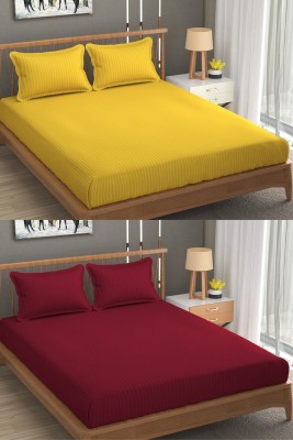 n g products 300 TC Satin Double Striped Fitted (Elastic) Bedsheet(Pack of 2, Yellow & Maroon)