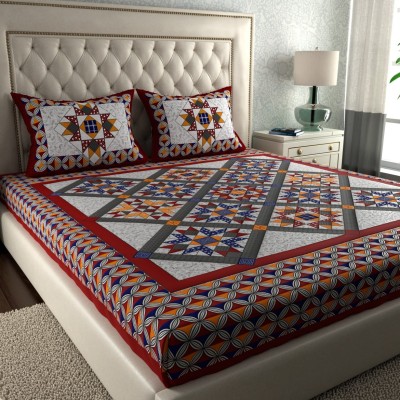 Cosito 144 TC Cotton Double Jaipuri Prints Flat Bedsheet(Pack of 1, Maroon)