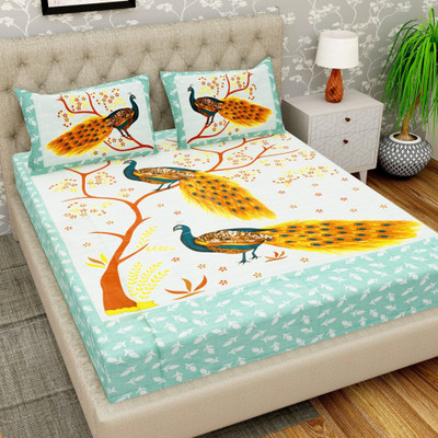 Cosito 144 TC Cotton Double Jaipuri Prints Flat Bedsheet(Pack of 1, Green, Multicolor)
