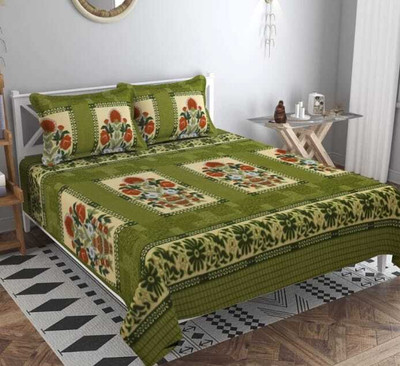 GreyShadow Woolen Double Flat 210 TC Floral Bedsheet(Pack of 1, Green)