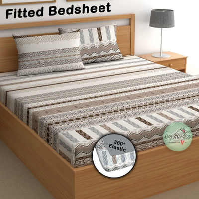 CG Homes Cotton Double Fitted (Elastic) 180 TC Printed Bedsheet(Pack of 1, Grey Multi)