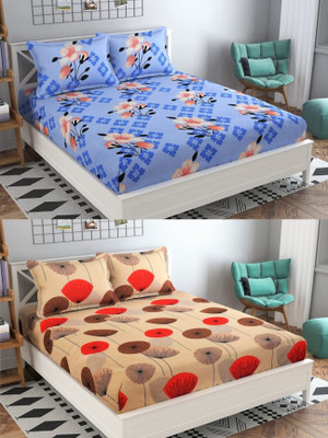 VORDVIGO 220 TC Cotton Queen Abstract Fitted (Elastic) Bedsheet(Pack of 2, Multicolor)