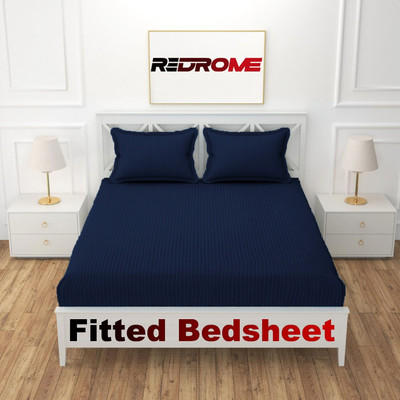 REDROME Cotton King Fitted (Elastic) 280 TC Striped Bedsheet(Pack of 1, Navy Blue)