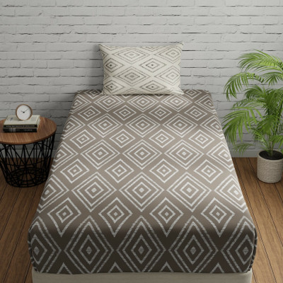 Huesland Cotton Single Flat 144 TC Geometric Bedsheet(Pack of 1, Taupe & White)