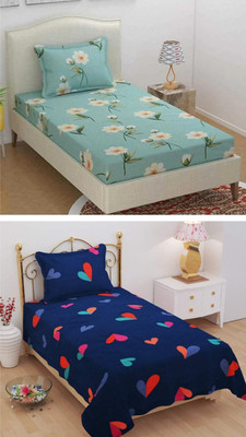 Tdot Creations 220 TC Cotton Single Printed Flat Bedsheet(Pack of 2, Two Matching Pillow Covers Included, Flower)
