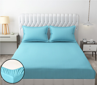 RADRUGS 280 TC Cotton Double Striped Fitted (Elastic) Bedsheet(Pack of 1, Light Blue)
