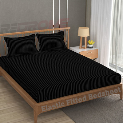 REDROME Cotton Double Fitted (Elastic) 300 TC Striped Bedsheet(Pack of 1, Black)