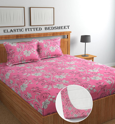 Goodrik Microfiber Double Fitted (Elastic) 210 TC Floral Bedsheet(Pack of 1, Pink)