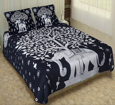Home@shop Cotton Double Flat 144 TC Jaipuri Prints Bedsheet(Pack of 1, Black)