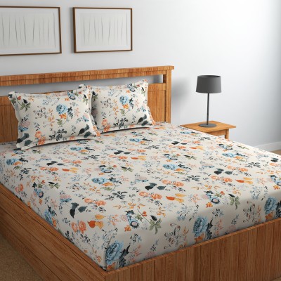 NCS 300 TC Cotton Double Floral Flat Bedsheet(Pack of 1, White)