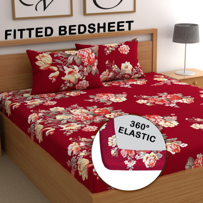 CG Homes Cotton Double Fitted (Elastic) 180 TC Printed 1 Bedsheet with 2 Pillow Covers(Red)