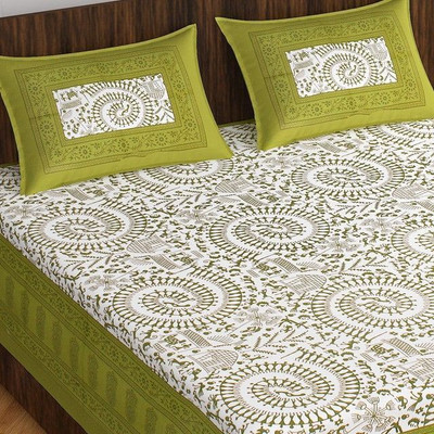 Meejoya Cotton Double Flat 230 TC Printed Bedsheet(Pack of 1, Light Green)