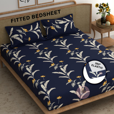 CHHAVI INDIA 210 TC Microfiber Double Printed Fitted (Elastic) Bedsheet(Pack of 1, Navy Blue)