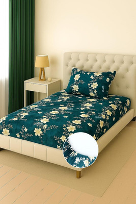 Mooniea Woolen Single Fitted (Elastic) 210 TC Floral Bedsheet(Pack of 1, Green)