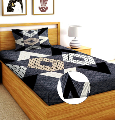 Moonroof Cotton Single Fitted (Elastic) 240 TC Printed Bedsheet(Pack of 1, Blue, Black)