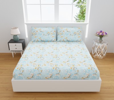 Dream Weavers 250 TC Cotton King Floral Flat Bedsheet(Pack of 1, Blue)
