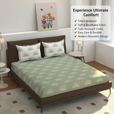 BeddingZone Cotton Double Fitted (Elastic) 200 TC Floral Bedsheet(Pack of 1, Green)