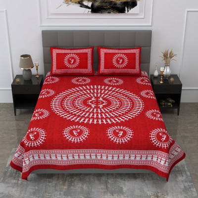 Loroco 104 TC Cotton Double Jaipuri Prints Flat Bedsheet(Pack of 1, Red)