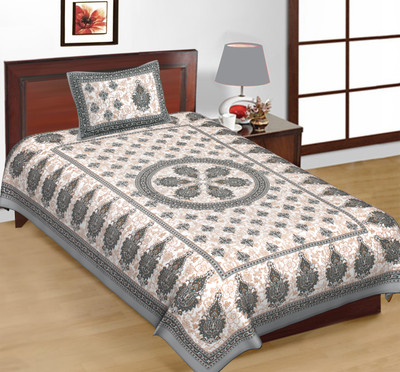 BENDIGO Cotton Single Flat 144 TC Jaipuri Prints Bedsheet(Pack of 1, Grey)