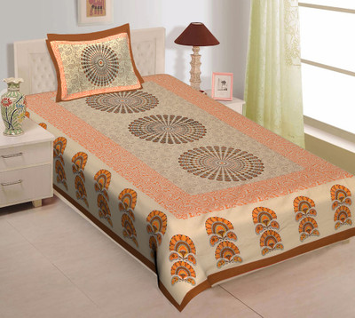 RIYA FABRICS 140 TC Cotton Single Jaipuri Prints Flat Bedsheet(Pack of 1, Brown)