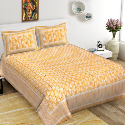 KUVAS Cotton King Flat 220 TC Printed Bedsheet(Pack of 1, Yellow)