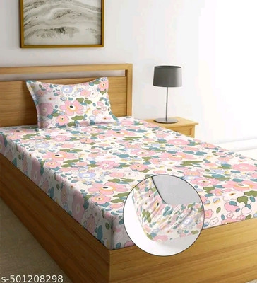 BeddingZone 210 TC Cotton Single Self Design Fitted (Elastic) Bedsheet(Pack of 1, pink-conts-single-fitted-onlybed)